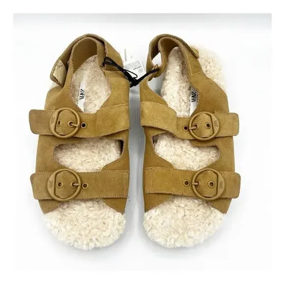 NWT Zara Leather Shearling Buckle Sling Back Flat Sandal Slipper Brown Cream 39 - Picture 2 of 8